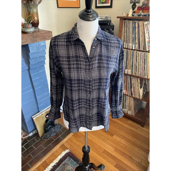 Madewell S Oversized Navy Blue White Plaid Wool Blend Flannel Button Down Shirt - Picture 6 of 12